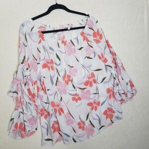 Fever White Floral Print Ruffle Sleeve Blouse Top W XL peasant boho light weight
